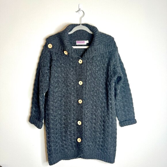 Highland Home Industries 100% Pure New Wool Cable Knit Button Front Cardigan L - Picture 1 of 4